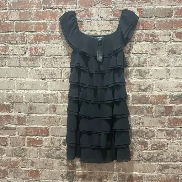 SPRING SALE! White House Black Market Black Tiered Ruffle Mini Dress 4 NEW - Picture 2 of 7
